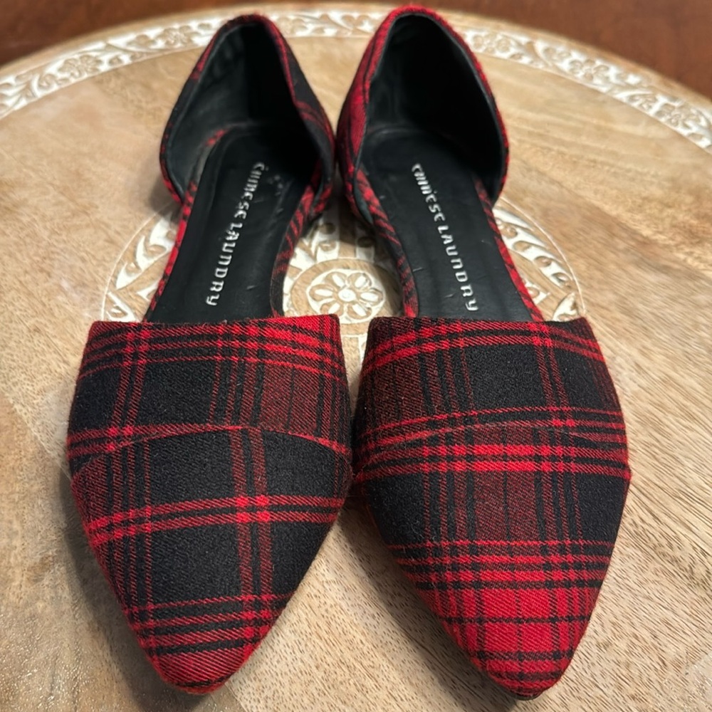 Chinese Laundry Red Plaid Pointed Toe D'Orsay Flats